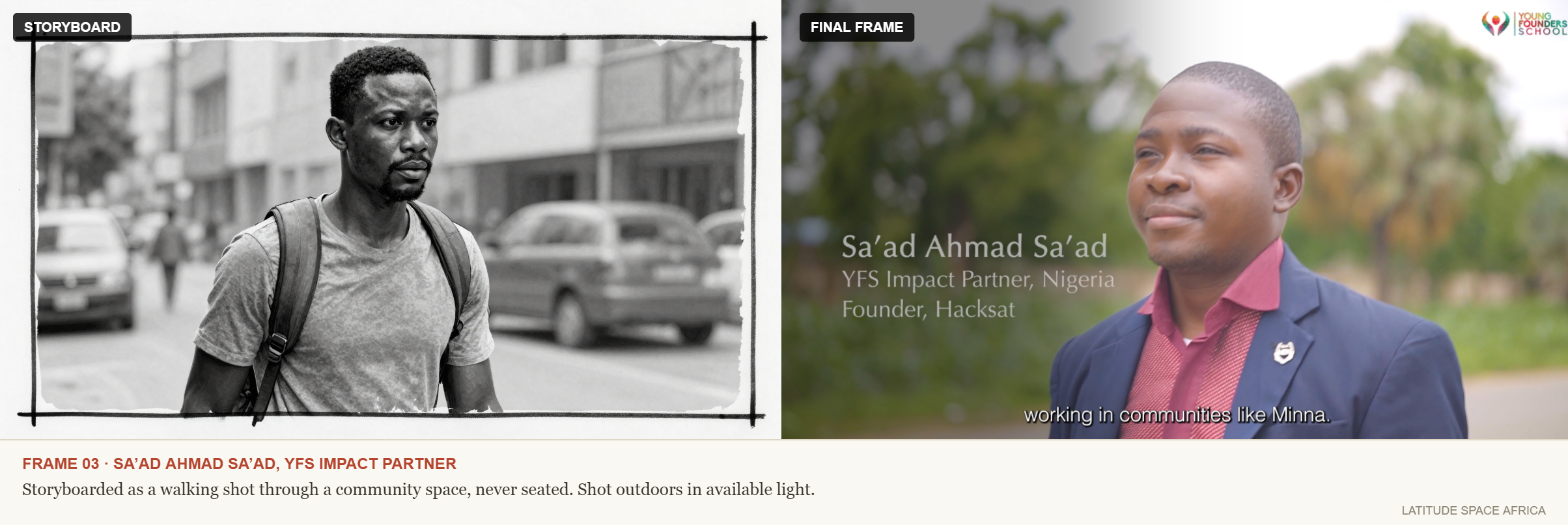 Sa'ad Ahmad Sa'ad, YFS Impact Partner, storyboarded as a walking shot through a community space and shot outdoors in available light