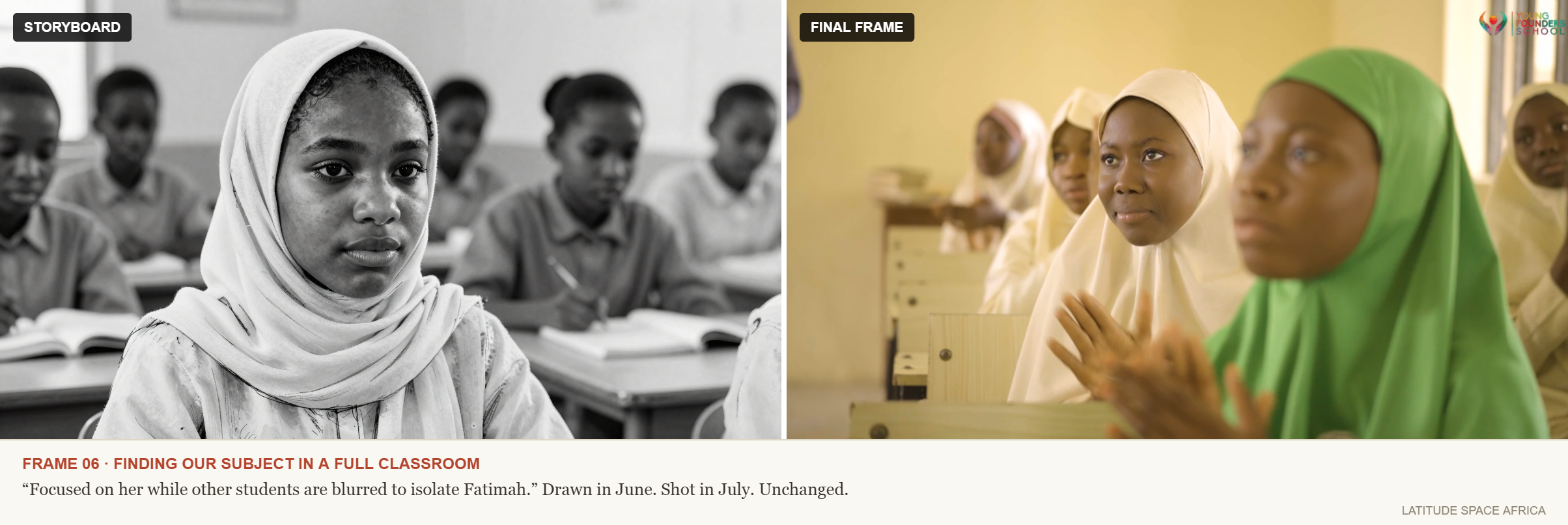 Finding our subject in a full classroom, focused on Fatimah while other students are blurred to isolate her