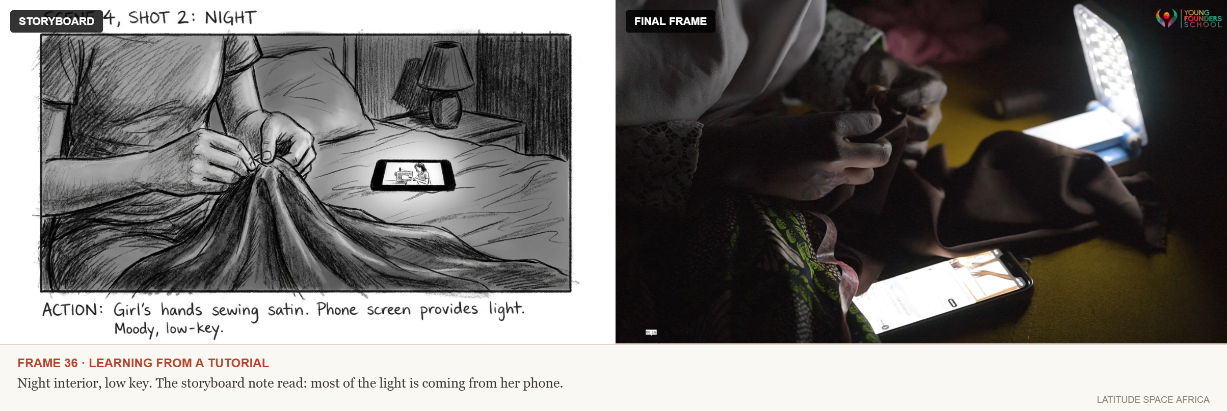Night interior, low-key, lit only by a phone screen